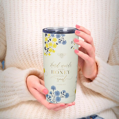 Christian Art Gifts Stainless Steel Scripture Tumbler Travel Mug for Women: Kind Words Bible Verse, Cute Bumble Bee, Double-wall Vacuum Insulated, Lid, Hot/Cold, Creamy White Multicolor Floral, 18oz.
