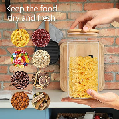 1.6 Qt Square Glass Storage Containers with Lids, Clear Food Storage Container Jar with Sealing Bamboo Lid for Noodles Flour Cereal Rice Sugar Tea Coffee Beans (Square-3Pack)