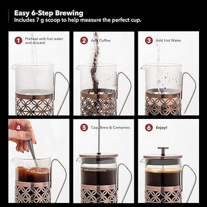 OVENTE French Press Coffee Maker 34 Ounce with Heat Resistant Borosilicate Glass, Stainless Steel Design and 4-Level Filter System, Portable Cold Brewer Pot for Travel, Camping or Gift, Copper FSF34C
