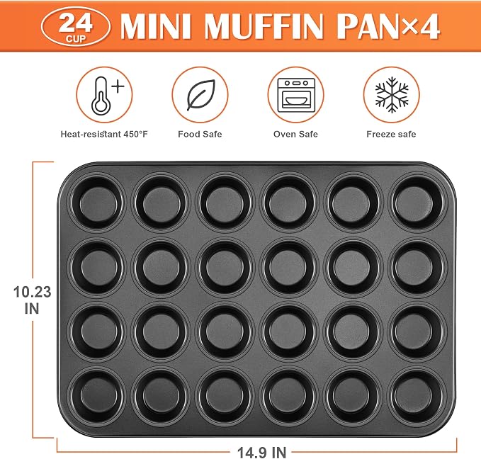 E-far 4 Pack Mini Muffin Pan 24-Cup - Nonstick Carbon Steel Cupcake Tin Tray for Little Bites & Freezer Prep | Warp-Free Bakeware Ensures Even Baking & Effortless Release, Regular Size & Oven Safe