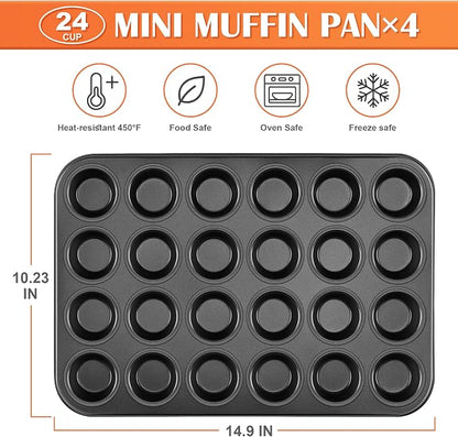 E-far 4 Pack Mini Muffin Pan 24-Cup - Nonstick Carbon Steel Cupcake Tin Tray for Little Bites & Freezer Prep | Warp-Free Bakeware Ensures Even Baking & Effortless Release, Regular Size & Oven Safe