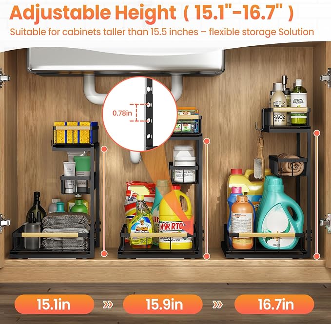 Under Sink Organizer and Storage for Bathroom and Kitchen - Under Cabinet 1 Pack 3 Tier Pull Out Shelf Organizers - Slide Out Drawer Organization for Home Cabinets Shelves and Drawers