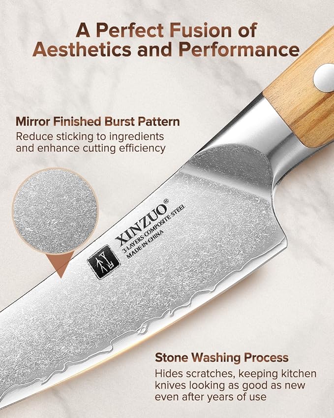 XINZUO Curved Boning Knife 6.3 Inch, 3 Layers Composite Steel,For Meat Cutting, Filleting-Full Tang With Ergonomic Olive Wood Handle