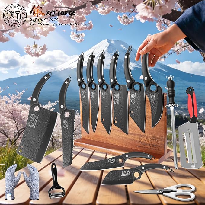 XYJ Kitchen Knife Block Set, 10 Pieces | Full Tang Knives, Wooden Magnetic Knife Block, Includes Honing Steel, Gloves, Peeler, Scissors
