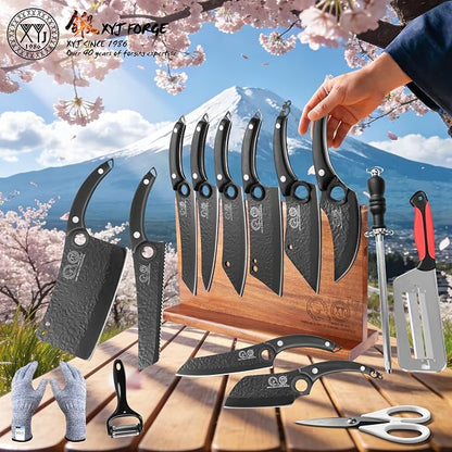 XYJ Kitchen Knife Block Set, 10 Pieces | Full Tang Knives, Wooden Magnetic Knife Block, Includes Honing Steel, Gloves, Peeler, Scissors