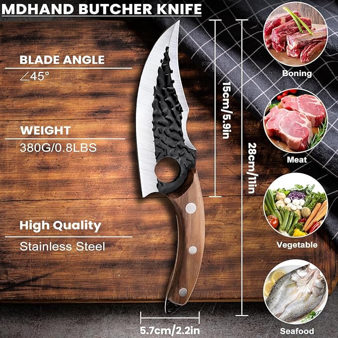 MDHAND Chef Knife - Hand Forged Kitchen Knife, High Carbon Steel Butcher Knife for Meat Cutting, Japanese Chef Knives for Camping, Outdoor, BBQ, Gifts for Men