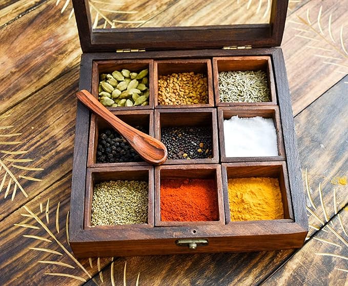 Ajuny Wooden Spice Box 9x9 Inch - Decorative Masala Dabba Organizer with Glass Lid, 9 Compartments & Spoon, Spice Storage Container, Ideal for Seasonings & Herbs, Perfect for Gift