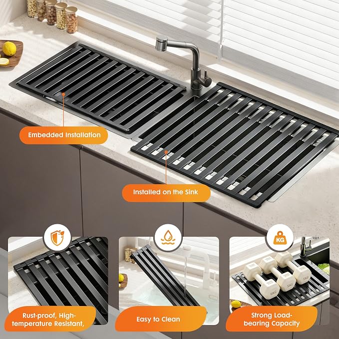 Foldable Over Sink Dish Drying Rack, Extra Wide & Thick Rust-Proof Aluminum Sink Cover for Counter Space, Collapsible Dish Drying Rack Fits Most Kitchen Sinks (Black, 23.6“x13.6)