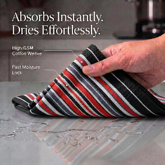 Urban Villa Kitchen Towels Waffle Stripes Dish Towels for Kitchen Black Color Set of 6 Kitchen Towels Highly Absorbent Cotton Over Sized 20X30 in with Mitered Corners Kitchen Hand Tea Towels