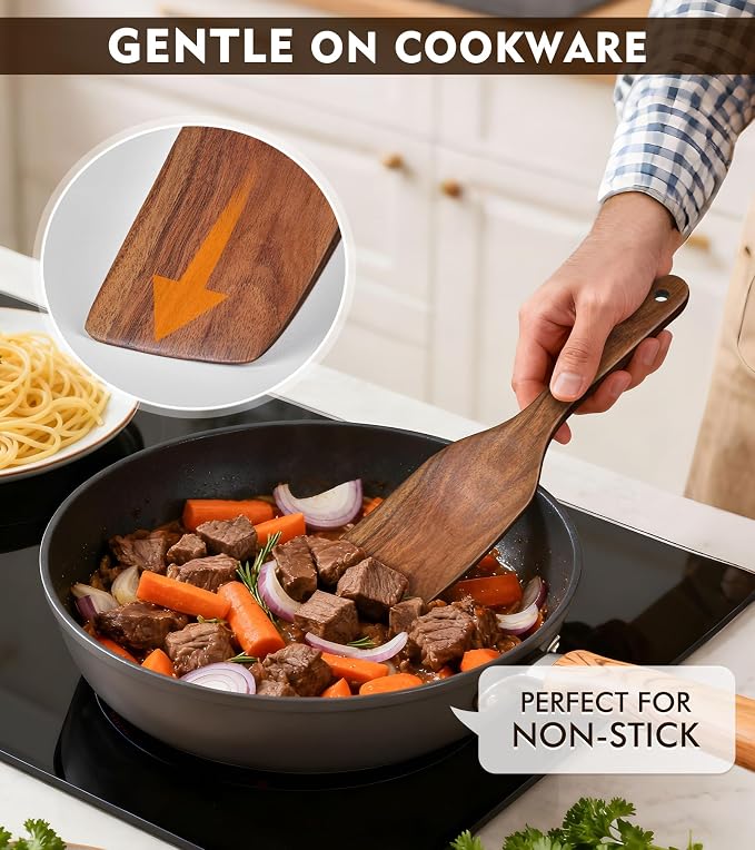 4Pcs Wooden Spatula for Cooking, Acacia Wooden Spatula for Kitchen Use, Nonstick Cookware Safe Utensils Set including Turner, Slotted Turner, Paddle and Scraper, Ideal Cooking Utensils Gift Set