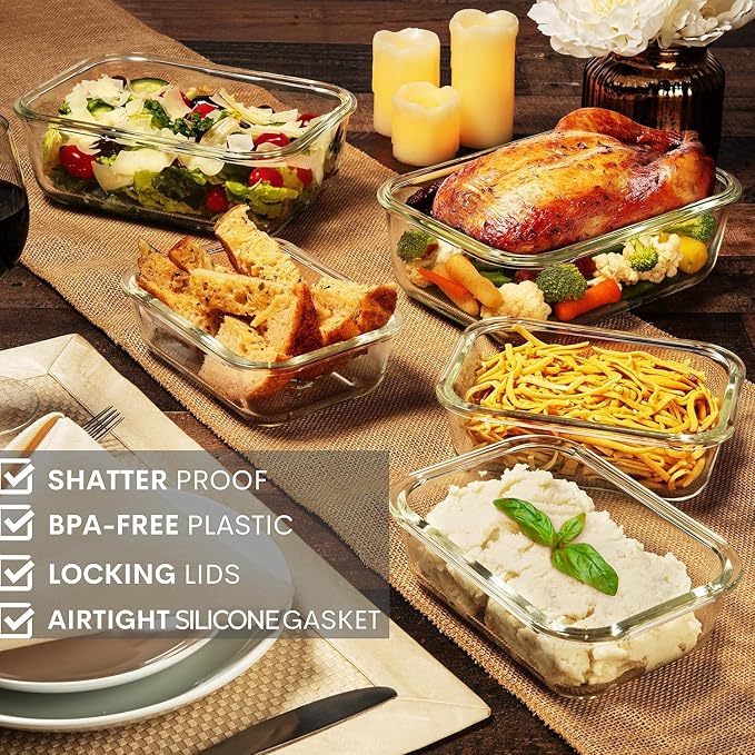 Razab 4 Pc (2700ML/ 91 Oz & 1520ML/ 51 Oz) Airtight Large Glass Food Storage Containers with Lids - BPA Free, Leak Proof Meal Prep Containers (2 Containers + 2 Lids) Microwave, Oven & Freezer Safe