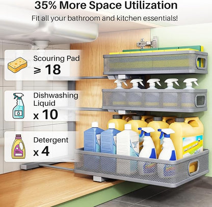 Kitstorack Under Sink Organizer, 2-Pack 3-Tier Height Adjustable Thickened Metal Pull out Cabinet Organizer Shelf, Slide out Storage Drawer Rack for Bathroom Kitchen Pantry Home Organization, Grey