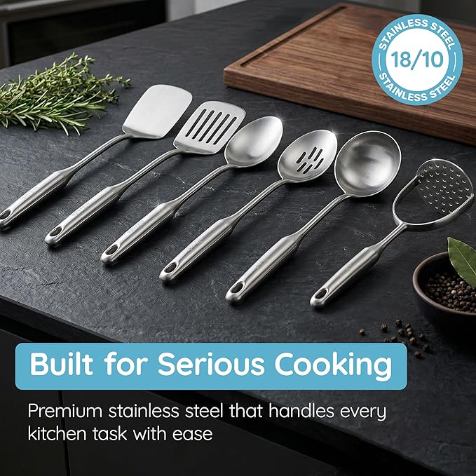 Millvado Stainless Steel Big Cooking Spoon, Kitchen Utensils and Gadgets, 15 Inch Large Spoon For for Cooking, Basting, Serving, Dishwasher Safe Metal Utensil, Durable, Solid Construction
