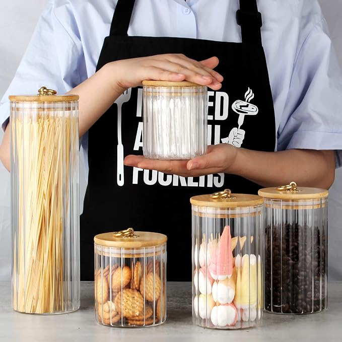 FANTESTICRYAN Glass Storage Jars Set of 5, Decorative Coffee Bar Container with Airtight Bamboo Lid Metal Ring for Home Kitchen Storing Candy, Cookie, Pasta, Nuts, Oatmeal and Bathroom Salt