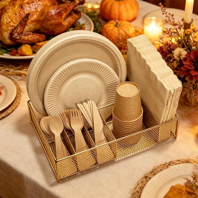 Paper Plate Organizer for Countertop - Metal Utensil Caddy Silverware Holder Cutlery Flatware Plastic Spoon Fork Plates Napkins Cup Storage Dispenser Party Picnic Essentials Camping Gold
