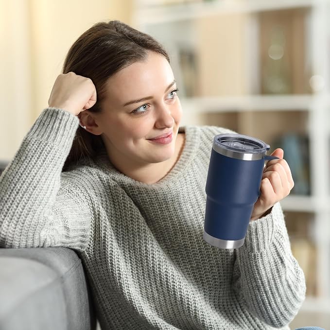 20oz Tumbler Bulk with Lid, Stainless Steel Tumbler Bulk with Handle, Metal Insulated Travel Coffee Mug Set with Handle, Double Wall Vacuum Leak Proof Tumbler Cup, Navy 12 Pack