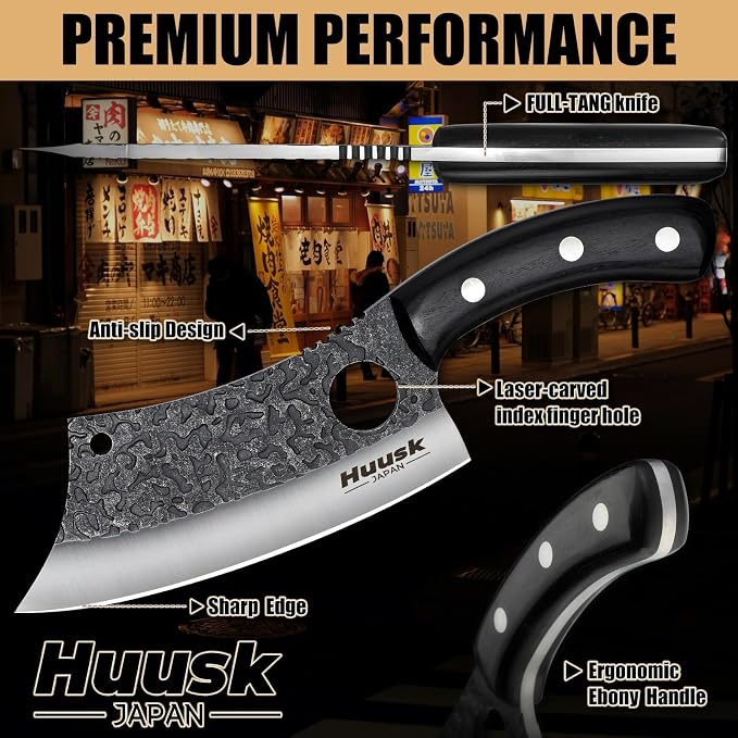 Huusk Knives Japan, Hand Forged Meat Cleaver Knife with Sheath, High Carbon Steel Kitchen Knife for Meat and Vegetables, Full Tang Butcher Knife for Camping, BBQ, Christmas Gift for Men and Women