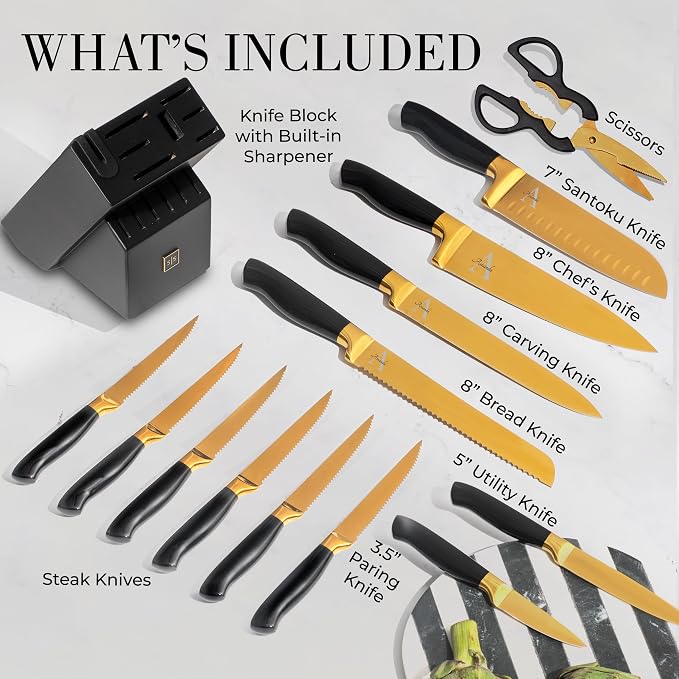 Personalized Black and Gold Knife Set with Block and Sharpener – 14-Piece Custom Engraved Titanium-Coated Gold Knives – Full Tang, Stainless Steel, Ergonomic, Gift-Ready