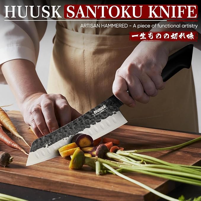 Huusk Santoku Japanese Chef Knife - Hand Forged Chef's Knives with VG10 Steel Core, Ultra Sharp 8 inch Kitchen Knife with Ergonomic Ebony Handle, Premium Wooden Gift Box for Men Women