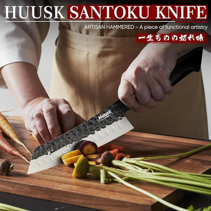 Huusk Santoku Japanese Chef Knife - Hand Forged Chef's Knives with VG10 Steel Core, Ultra Sharp 8 inch Kitchen Knife with Ergonomic Ebony Handle, Premium Wooden Gift Box for Men Women
