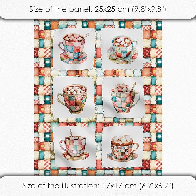 Patchwork Hot Cocoa Cotton Fabric Panel – 6 Designs (10×10 inch Each) + Bonus Sheet 29.5×19.6 inch, 100% Cotton 140 GSM, Made in Türkiye
