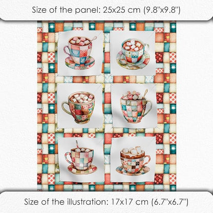 Patchwork Hot Cocoa Cotton Fabric Panel – 6 Designs (10×10 inch Each) + Bonus Sheet 29.5×19.6 inch, 100% Cotton 140 GSM, Made in Türkiye