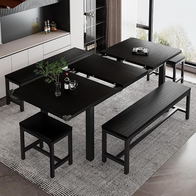 iPormis 5-Piece Dining Table Set for 4-8 People, Extendable Kitchen Table Set with 2 Benches and 2 Square Stools, Mid-Century Dining Room Table with Metal Frame & MDF Board, Saving Space, Black