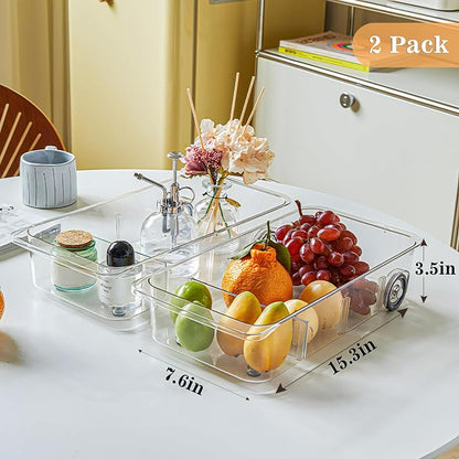 MANO 2 Pack Divided Rolling Refrigerator Tray Clear Roll Out Fridge Caddy Organizer with Wheels for Veggie Pantry Snackle Box Under Sink Bathroom Organizer and Storage Bins