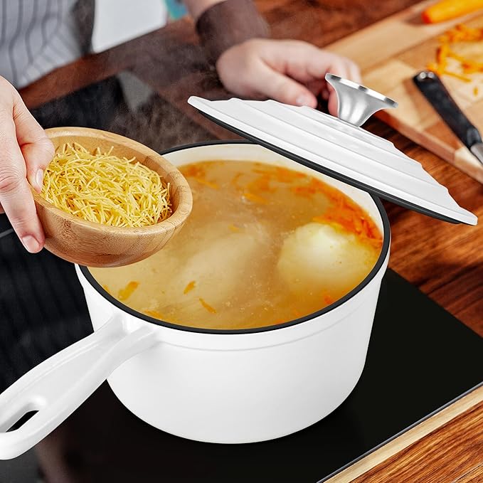 1 QT Enameled Cast Iron Saucepan, Leonyo Sauce Pan with Lid, Cast Iron Enamel Cookware Kitchen Milk Pot for All Cooktops Cooking Pasta, Soup, Egg - Up to 500°F & 4.4Lbs, White