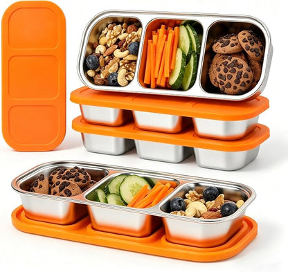BEFOY 4 Pack Stainless Steel Snack Containers with Lids, 2-Compartments Reusable Bento Lunch Box for Adults, Food Storage Containers Divided Meal Prep Box for Home, Work, Travel (3 Compartments)
