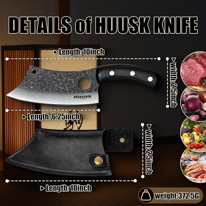 Huusk Knives Japan, Hand Forged Meat Cleaver Knife with Sheath, High Carbon Steel Kitchen Knife for Meat and Vegetables, Full Tang Butcher Knife for Camping, BBQ, Christmas Gift for Men and Women