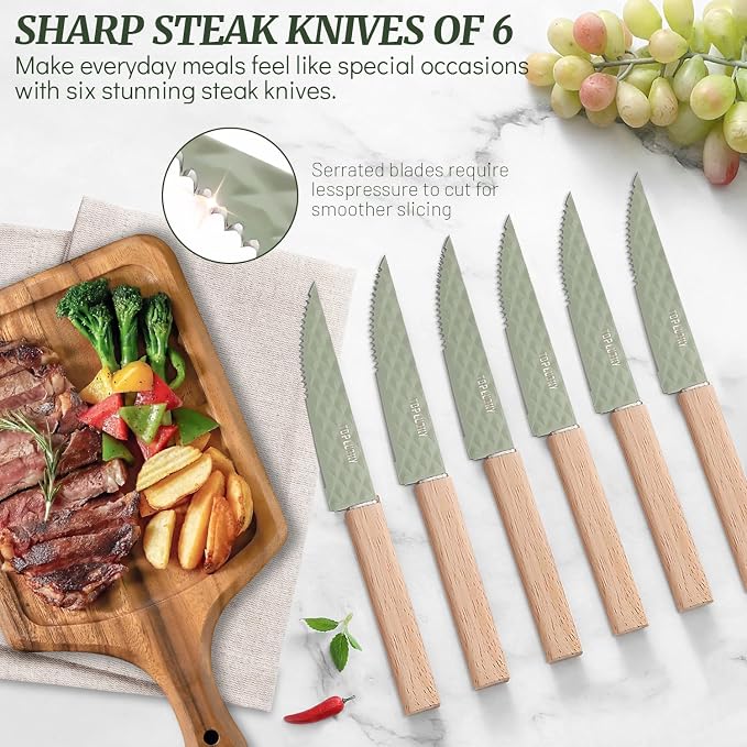 12-Piece Modern Green Knife Block Set with Drawer Organizer, Stainless Steel Knife Set, 6 Steak Knives, Non-Stick Coated Blades