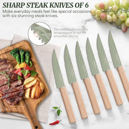 12-Piece Modern Green Knife Block Set with Drawer Organizer, Stainless Steel Knife Set, 6 Steak Knives, Non-Stick Coated Blades