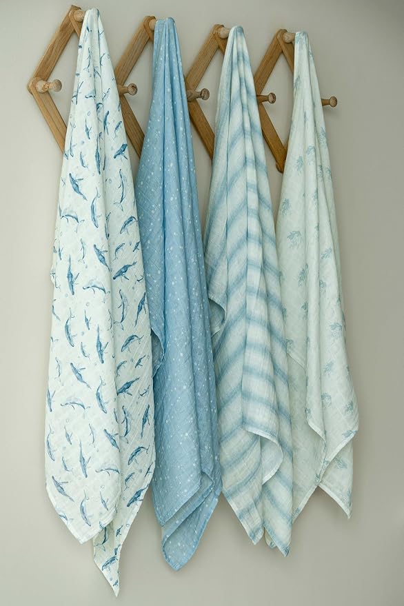 Muslin Swaddle Blankets for Newborn, 4 Pack Cotton Baby Blankets for Boys, Large 31.5 x 43.3 Breathable Soft Receiving Blanket, Essentials Swaddle Wrap Burping Clothes, Blue Whale