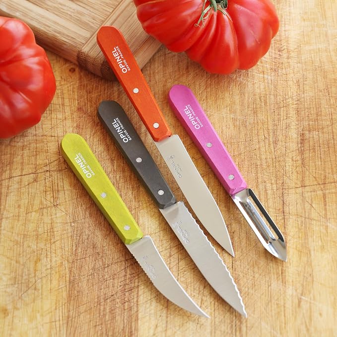 OPINEL Les Essentials - Small Kitchen 4 Piece Knife Set - Paring, Serrated, Peeler, Vegetable Knife, Corrosion Resistant High Carbon Steel, Made in France (50s)