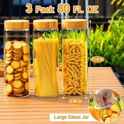 Glass Canisters With Airtight Bamboo Lids - 3 Pack 80oz Cereal Containers, Cookie Jars, Pasta Storage - Screw On Kitchen Jars
