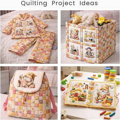 Cotton Fabric Panel – Single Continuous Patchwork Gnome Sewing Panel with 6 Printed Squares (9.8” x 9.8”), Bonus Patchwork Area 29.5” x 19.7” – 100% Cotton Satin Fabric for Quilting & Sewing Projects