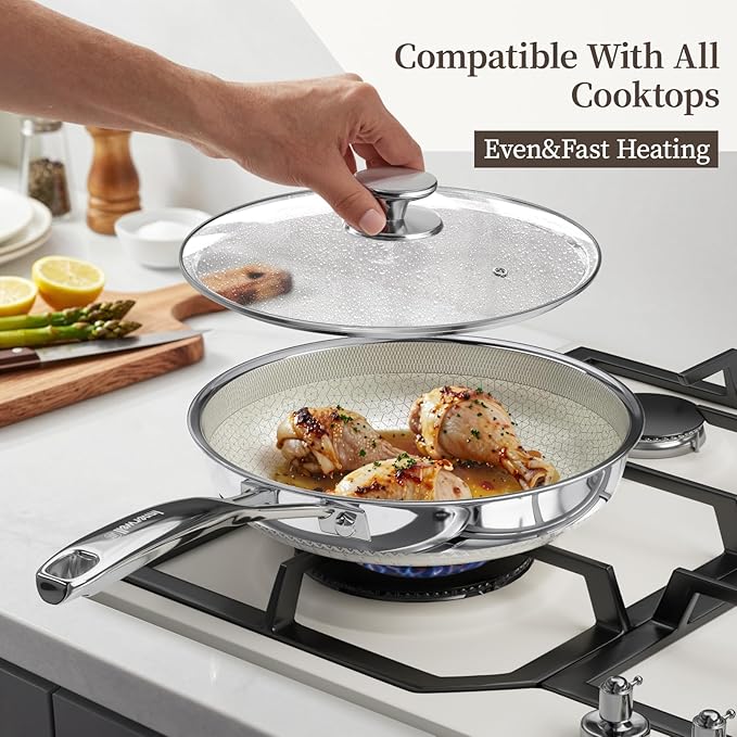 Non Stick Frying Pan with Lid, 12 Inch Ceramic Hybrid Tri-Ply Stainless Steel Frying Pans Nonstick W/Lid, Large Induction Skillet Frying Pans for Cooking, Metal Utensil&Dishwasher&Oven Safe, PFAS Free