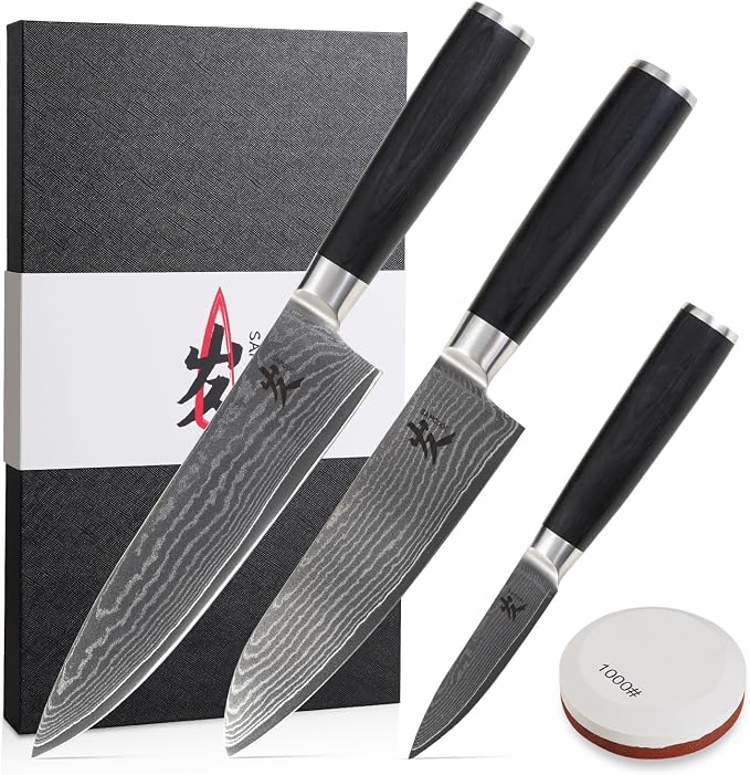 SAMCOOK Damascus Knife Set 4PCS,Ultra Sharp Professional Chef Knives Santoku Knife Paring Knife VG10 High Carbon Stainless Steel with Black Pakkawood Handle,Sharpening Stone,Premium Gift Box