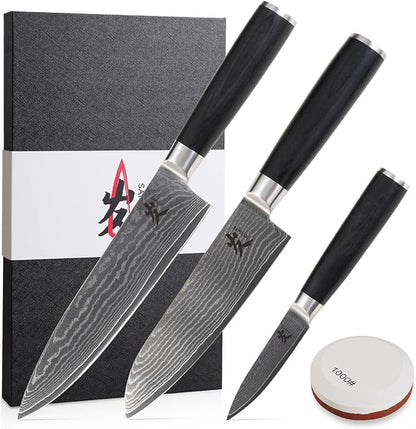 SAMCOOK Damascus Knife Set 4PCS,Ultra Sharp Professional Chef Knives Santoku Knife Paring Knife VG10 High Carbon Stainless Steel with Black Pakkawood Handle,Sharpening Stone,Premium Gift Box