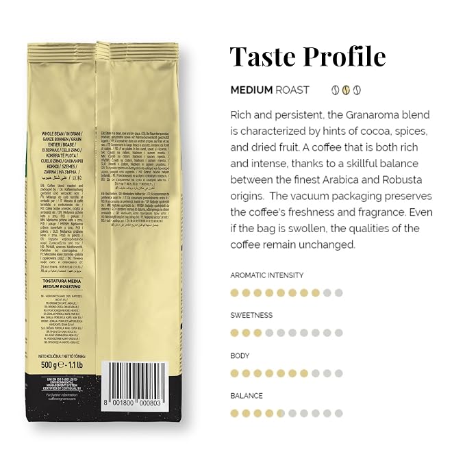 Caffe Vergnano Whole Bean Coffee Gran Aroma 1.1 lb Bag - Medium Roast Espresso Beans Whole, Italian Coffee Beans, Cocoa Spice Dried Fruit Notes - For Moka Pot, French Press, Coffee Maker