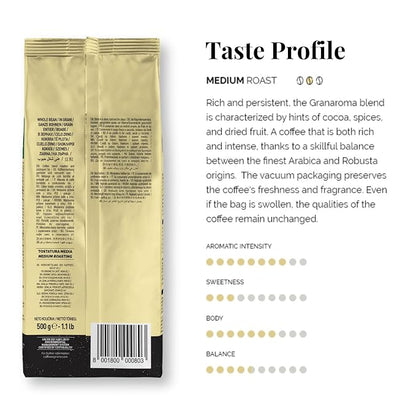 Caffe Vergnano Whole Bean Coffee Gran Aroma 1.1 lb Bag - Medium Roast Espresso Beans Whole, Italian Coffee Beans, Cocoa Spice Dried Fruit Notes - For Moka Pot, French Press, Coffee Maker