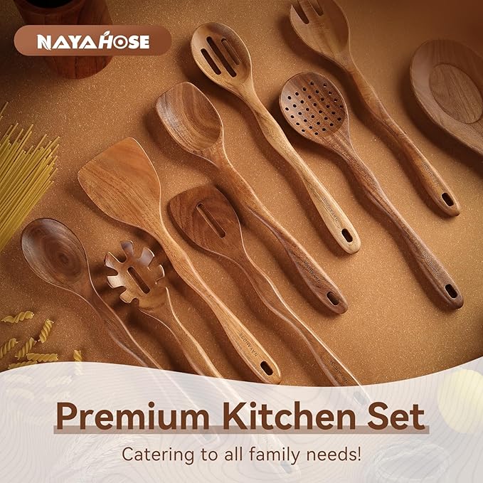 Kitchen 10PCS Teak Wooden Utensil Set with Holder and Spoon Rest | Non-stick, Easy to Clean, Durable, Smooth with Comfort Grip Wooden Spoons for Cooking - Non Toxic Wooden Cooking Utensil