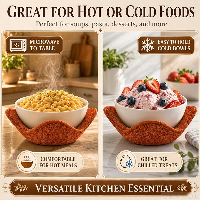 Set of 2 Microwave Bowl Cloth Hot Pads with Brown Color - Multipurpose Heat Resistant Plate Holders 7"x4" Inches - Pot Holder Microwavable Bowl Cozies for Food - Ramen Soup or Bowl Cozy