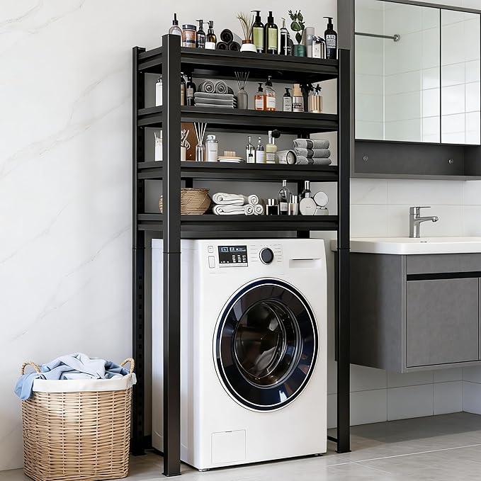 Over the Washer and Dryer Storage Shelf, Height-Adjustable Storage Shelf, 5-Tier Metal Organizer Rack for Washer Dryer, Sturdy Shelving Unit for Kitchen, Apartment, Black (72"Hx31.5"Wx15.8"D)