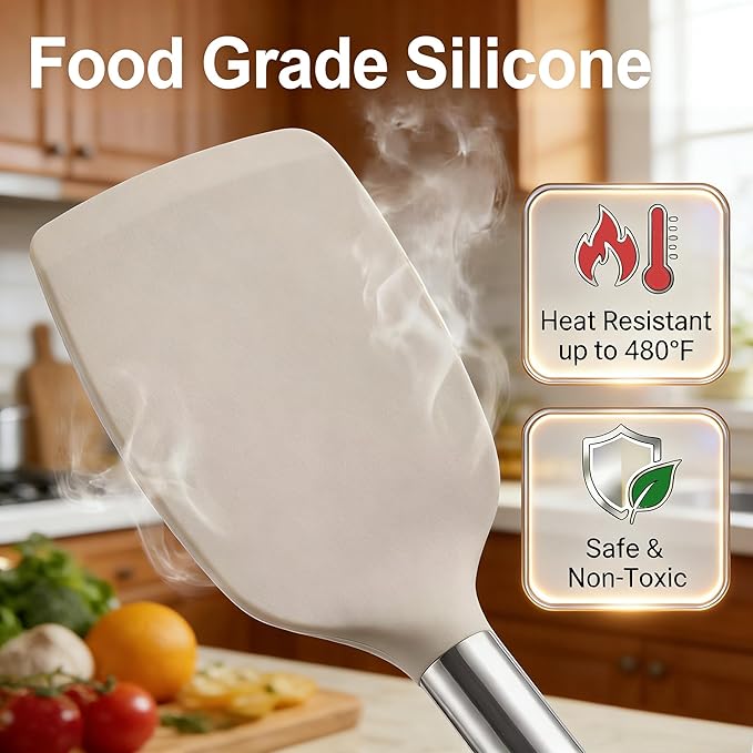 Vayvnt 4 Pieces Silicone Kitchen Spatula Utensils Set, Silicone Cooking Utensils for Non-Stick Cookware, Heat Resistant Silicone Utensils for Cooking, Kitchen Spatula Turner, Dishwasher Safe, Khaki