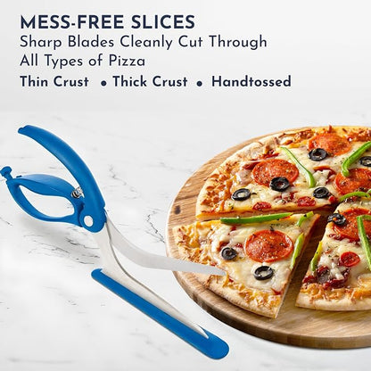 Blue Pizza Scissors - Non-Stick Pizza Scissors with Firm Grip Base - Food Grade Stainless Steel Pizza Cutter - 5-in-1 Food Slicer & Pizza Server - Durable, Safe & Mess Free