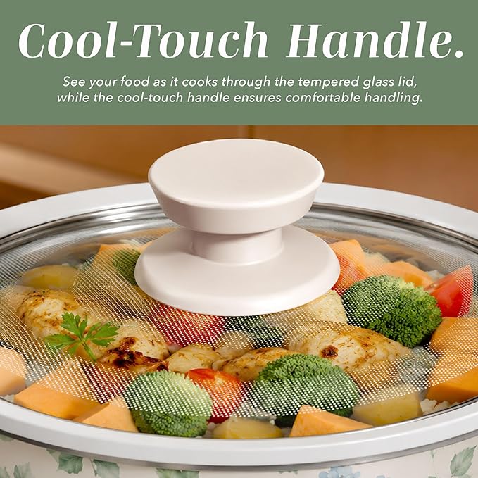 COOK WITH COLOR 2QT Mini Electric Round Slow Cooker - Adjustable Settings, Removable Stoneware Pot, Tempered Glass Lid, Dishwasher Safe, Cool-Touch Side Handles, Floral Blue/Green