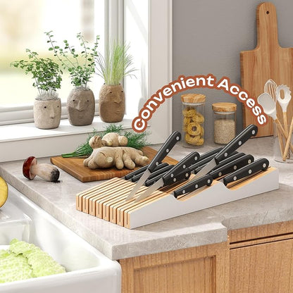In-Drawer Knife Block Organizer - Bamboo Wood Drawer Knife Organizer-Protecting Knife Organizer Block (Not Included) (White, 15 Knives Dock)