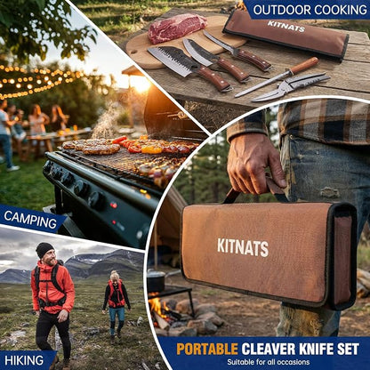 KITNATS 9PCS Butcher Knife Set with Roll Bag, Hand Forged Kitchen Knife Set with Meat Cleaver, Boning Knife & Chef Knife for BBQ, Meat Processing, Camping, Outdoor Cooking, Gift for Men